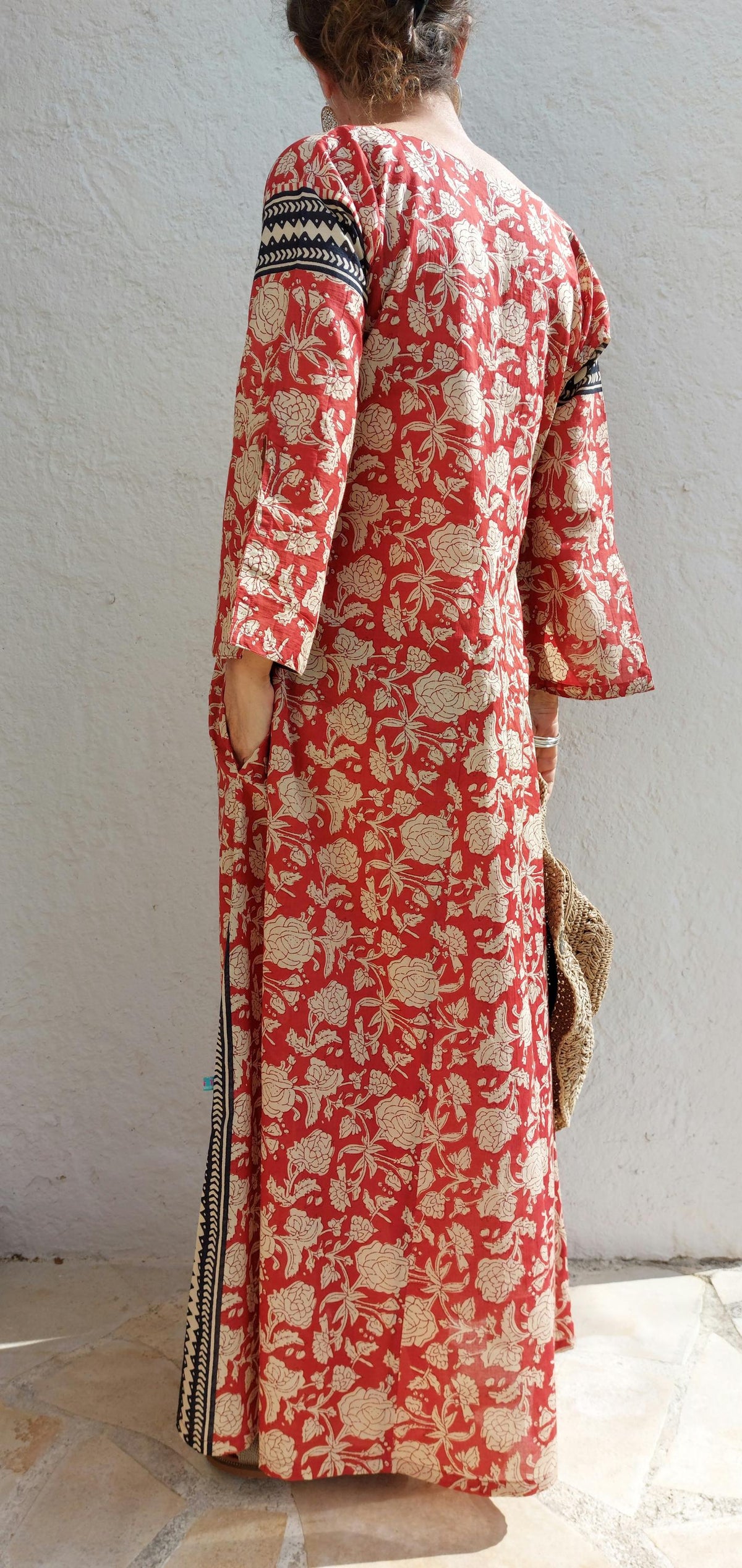 Long rust and beige floral cotton kaftan