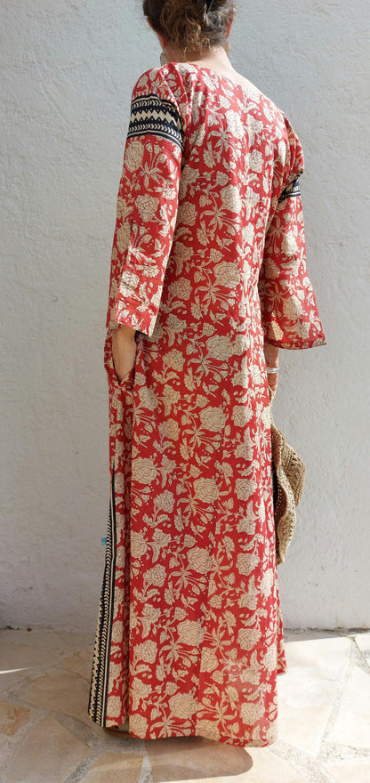 Long rust and beige floral cotton kaftan