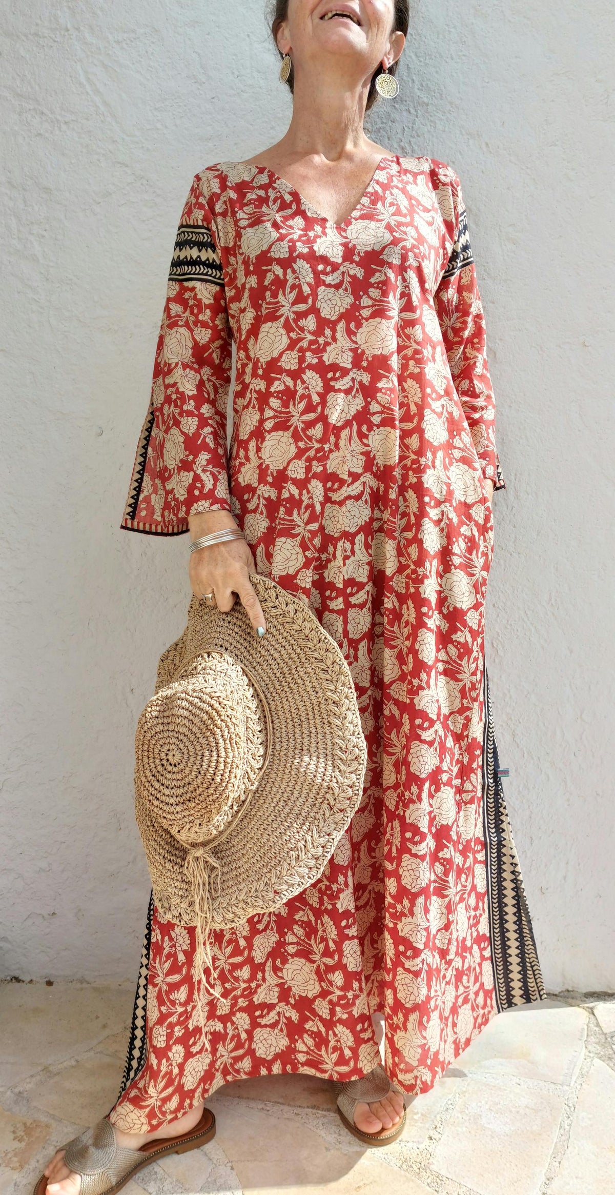 Long rust and beige floral cotton kaftan