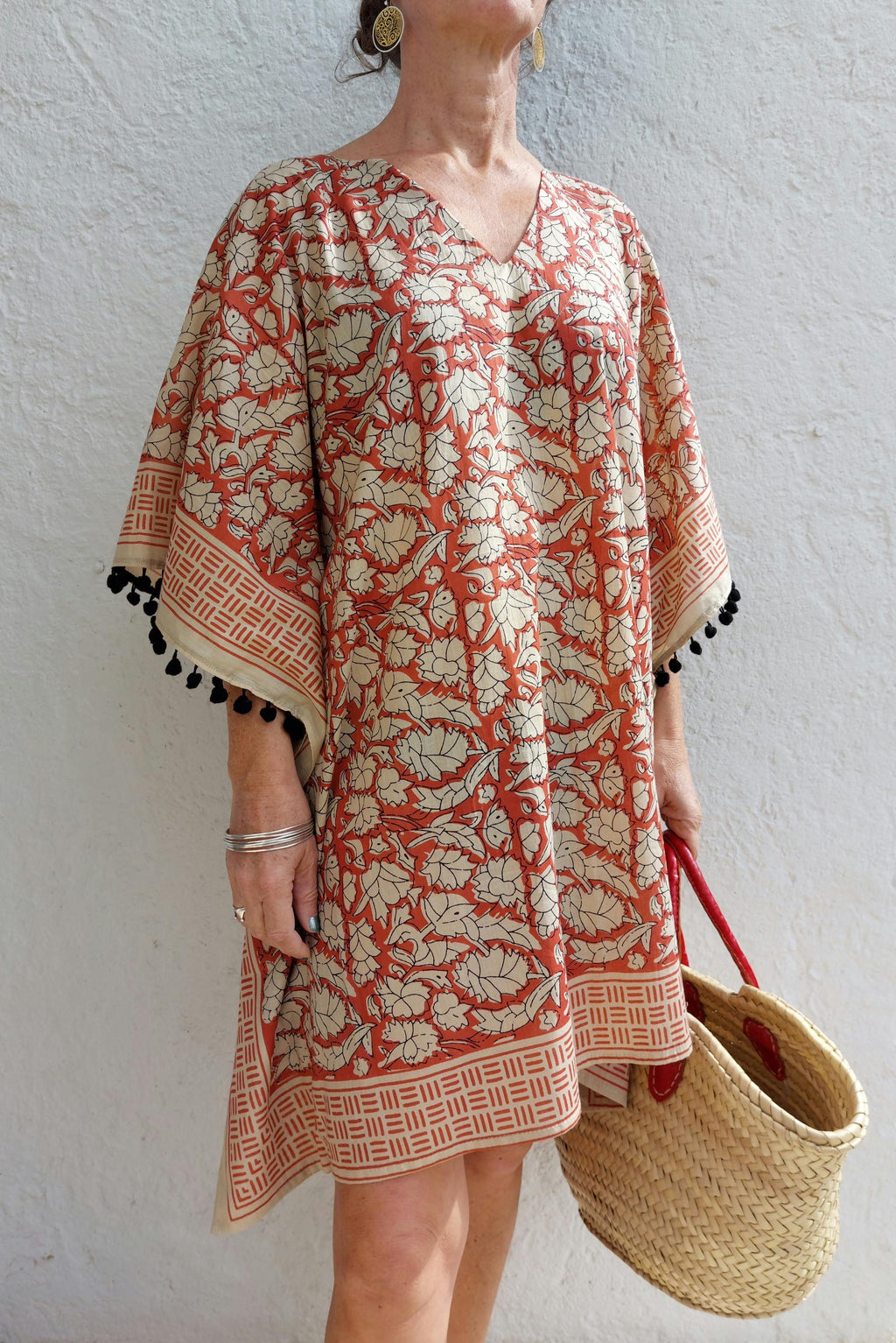 Rust Beige Short Kaftan, Soft Cotton Beach Cover Up, Bohemian Summer Tunic, Lightweight Resort Wear, Handmade Women's Fashion