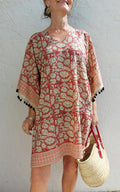 Rust Beige Short Kaftan, Soft Cotton Beach Cover Up, Bohemian Summer Tunic, Lightweight Resort Wear, Handmade Women's Fashion