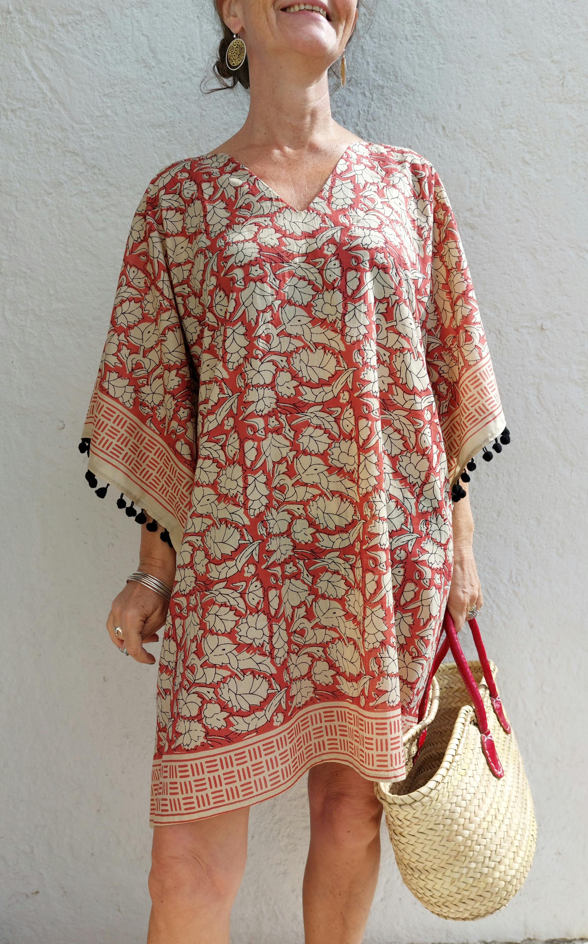 Rust Beige Short Kaftan, Soft Cotton Beach Cover Up, Bohemian Summer Tunic, Lightweight Resort Wear, Handmade Women's Fashion