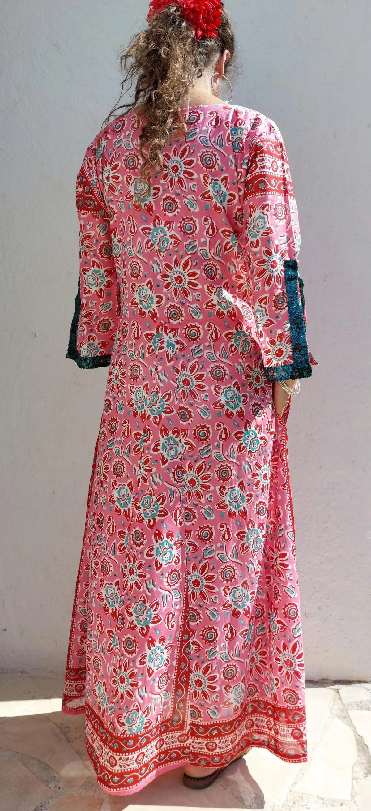Long pink floral cotton kaftan with sequin trim