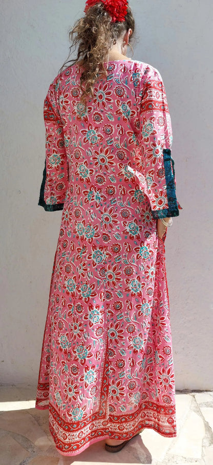 Long pink floral cotton kaftan with sequin trim