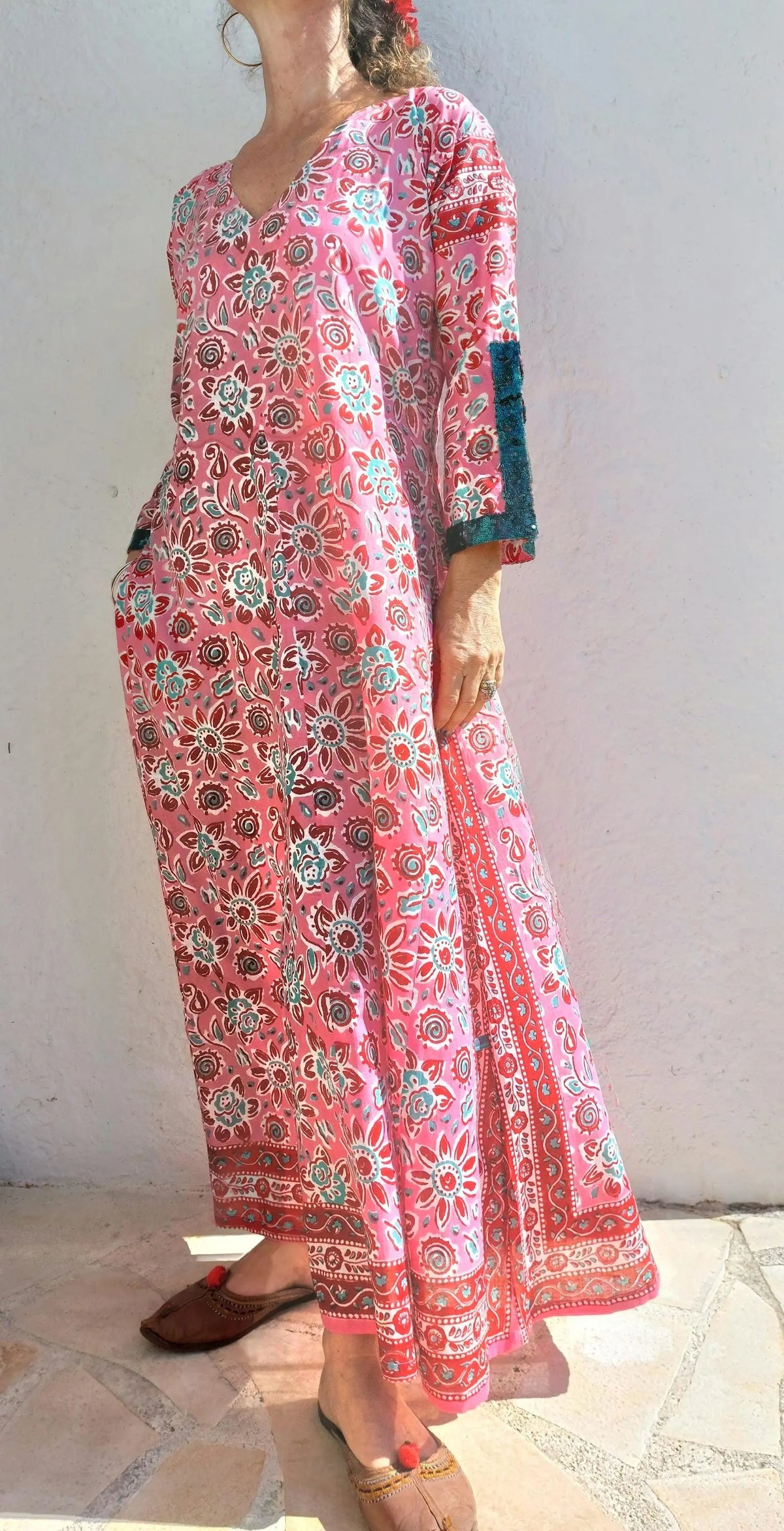 Long pink floral cotton kaftan with sequin trim