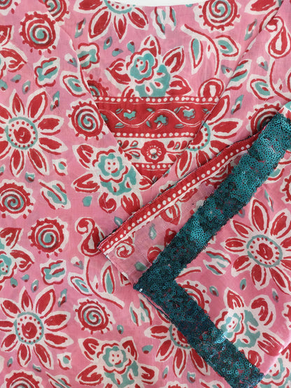 Long pink floral cotton kaftan with sequin trim