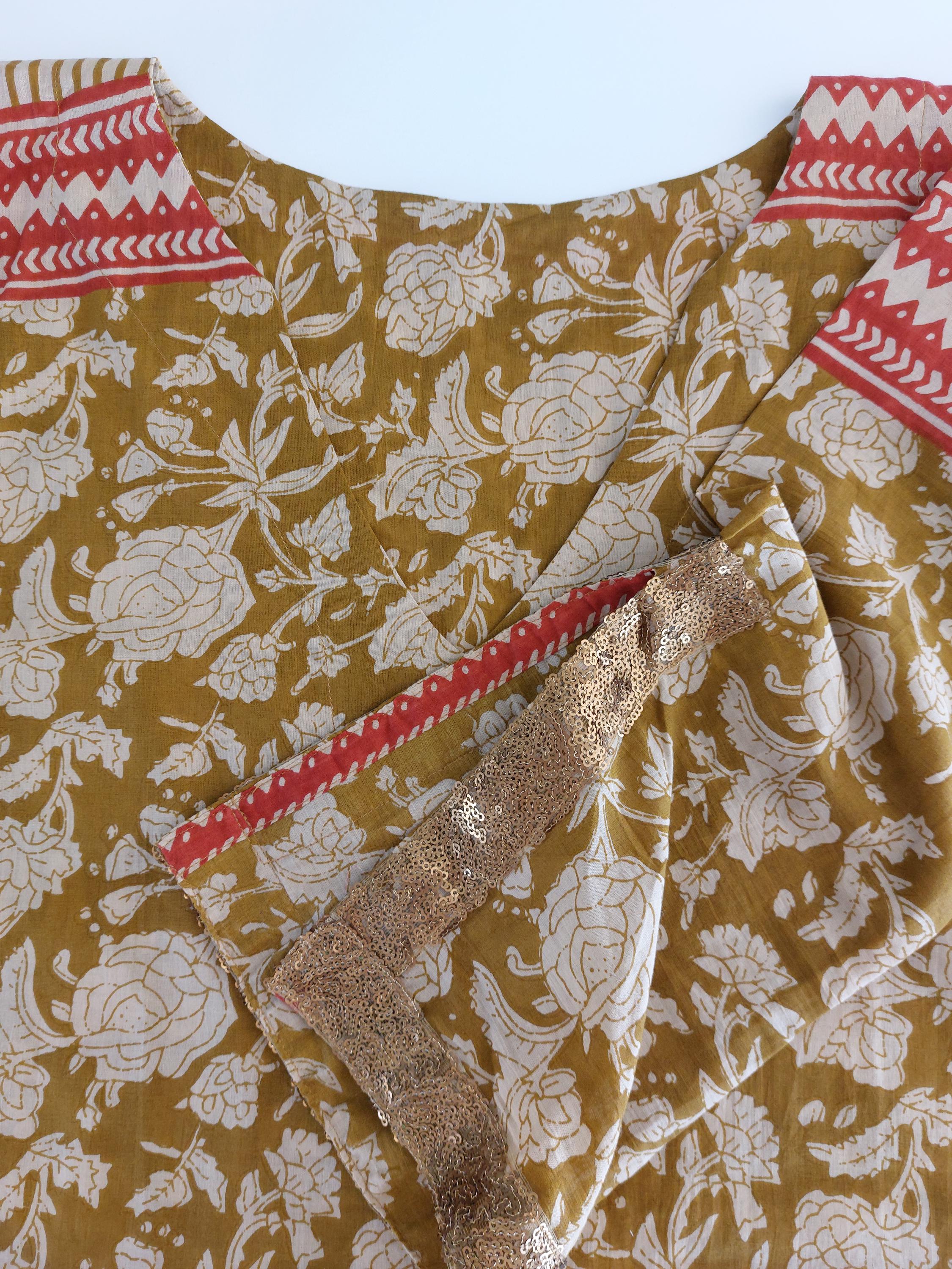 long kaftan in soft cotton,in the shades of mustard beige rusty colors,old gold sequins lace finishing on sleeves,boho chic summer outfit