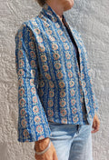 lightweight jacket in cotton not quilted,in the shades of blue and beige,paisley pattern,trumpet sleeves,mid-season outfit,hand embroidery