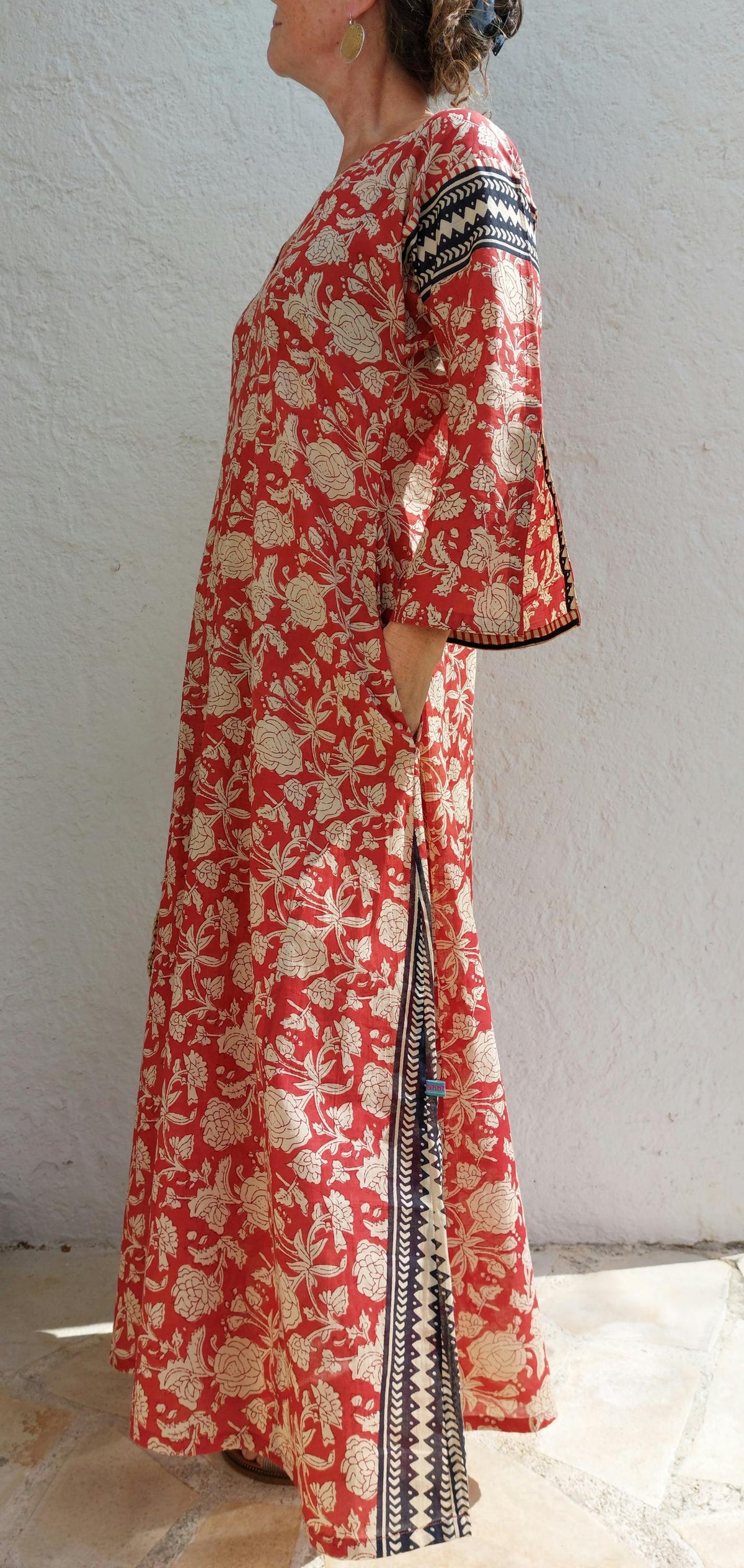 Long rust and beige floral cotton kaftan