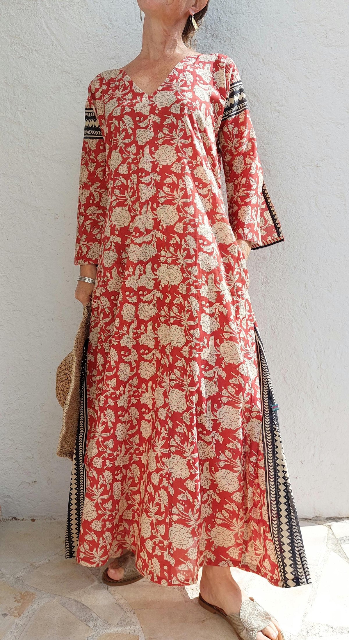 Long rust and beige floral cotton kaftan