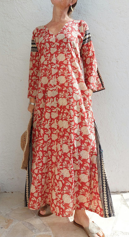 Long rust and beige floral cotton kaftan