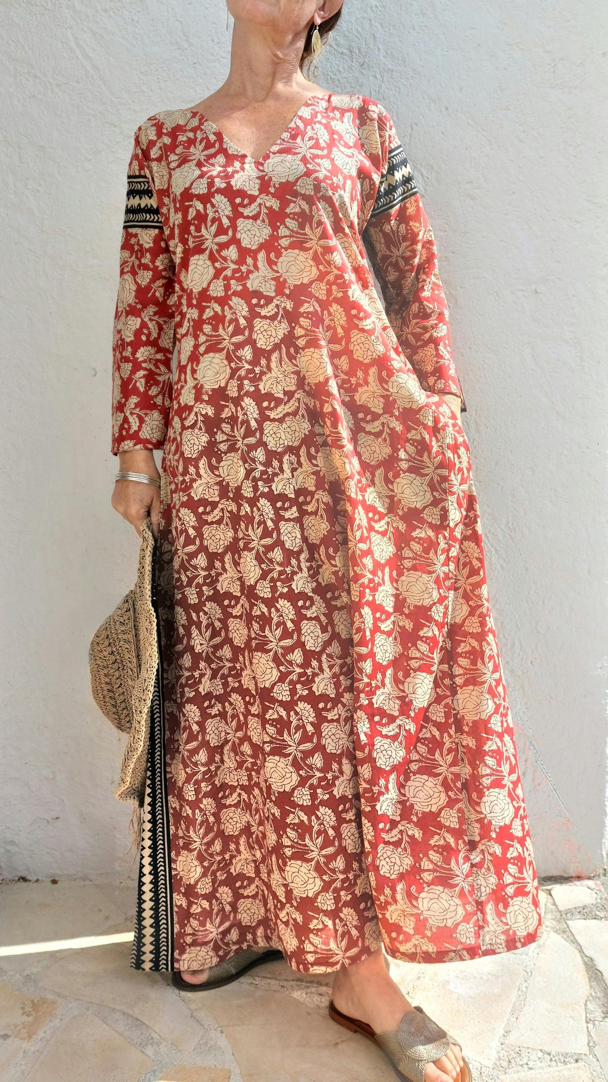 Long rust and beige floral cotton kaftan