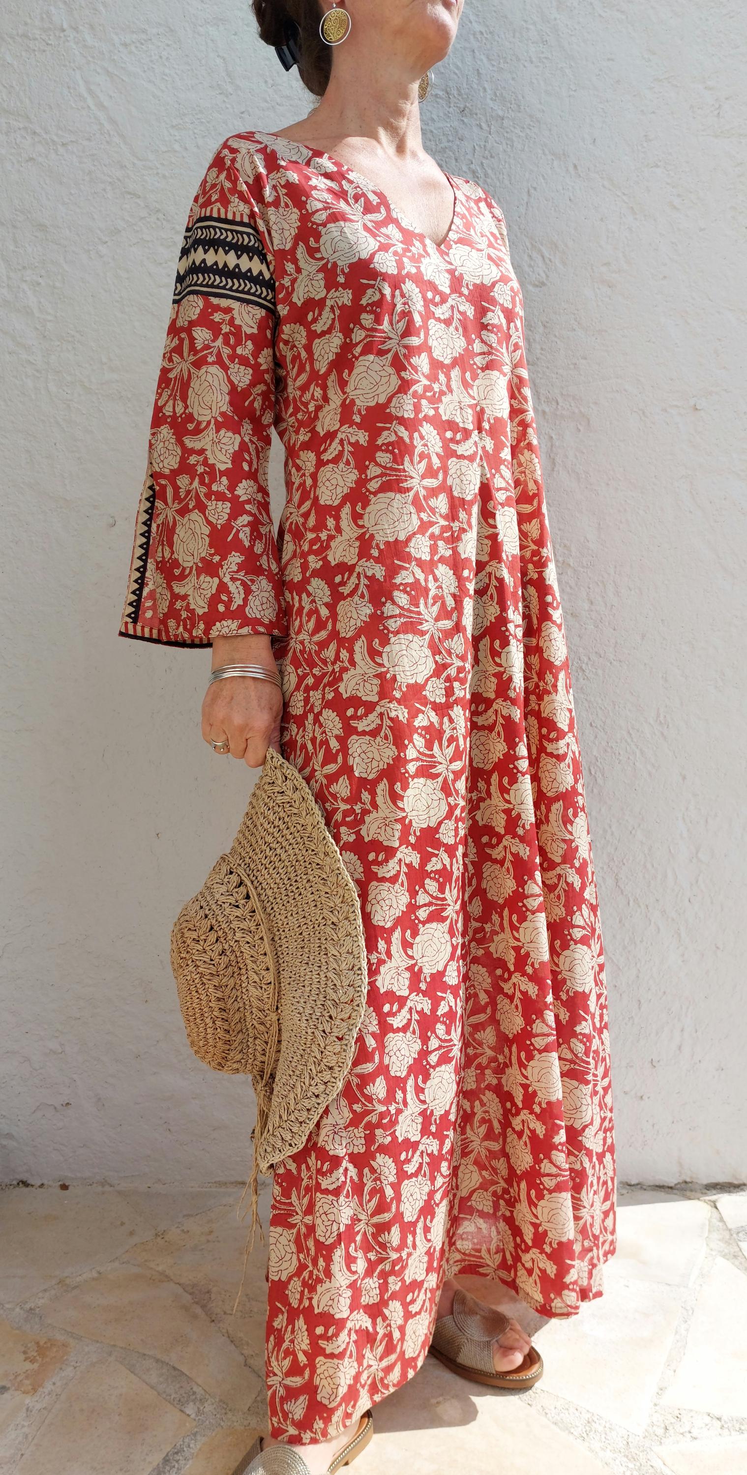 long kaftan in soft cotton,rusty-beige colors