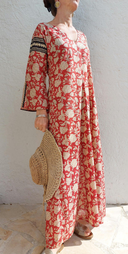Long rust and beige floral cotton kaftan