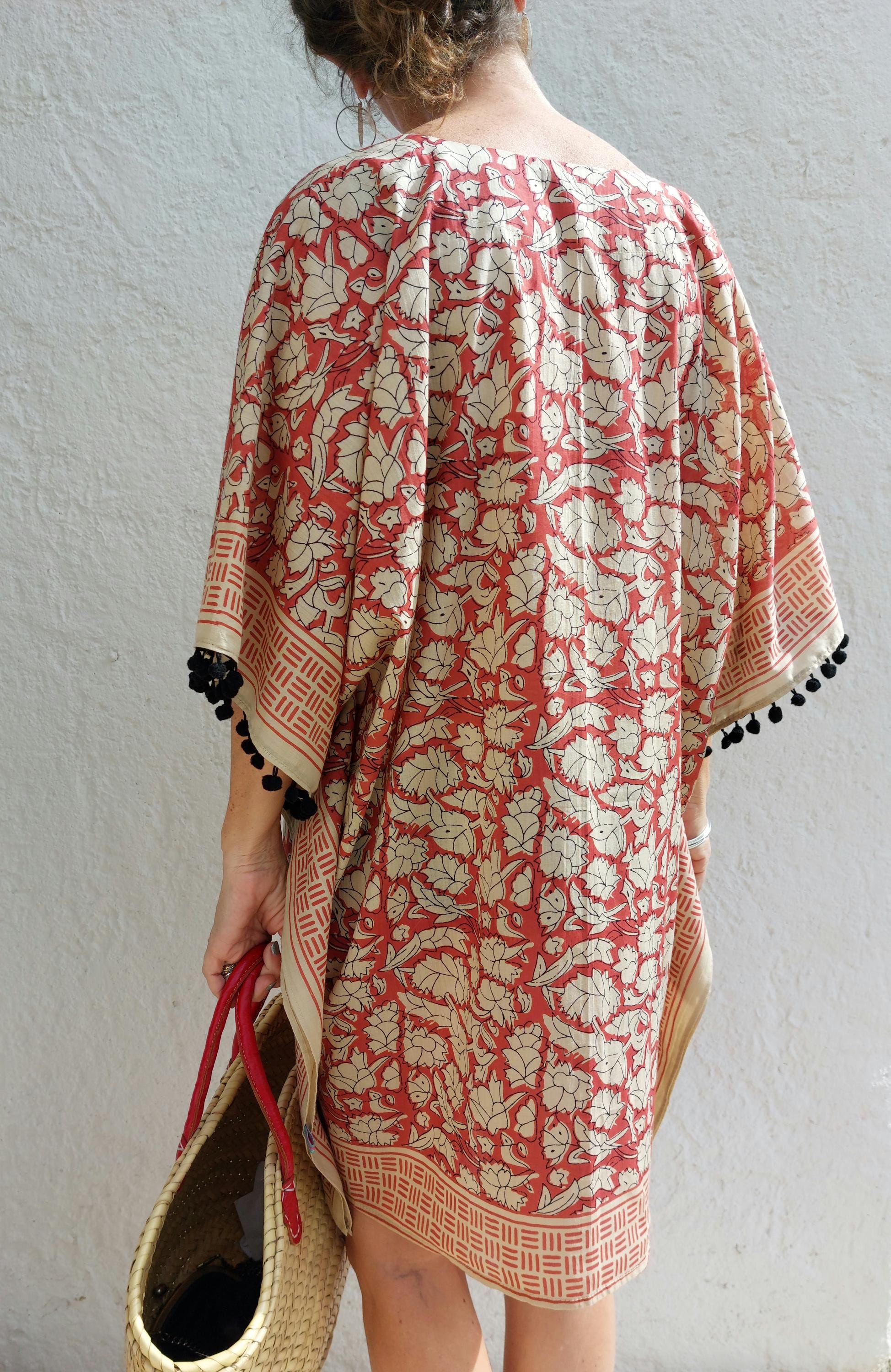 Rust Beige Short Kaftan, Soft Cotton Beach Cover Up, Bohemian Summer Tunic, Lightweight Resort Wear, Handmade Women's Fashion