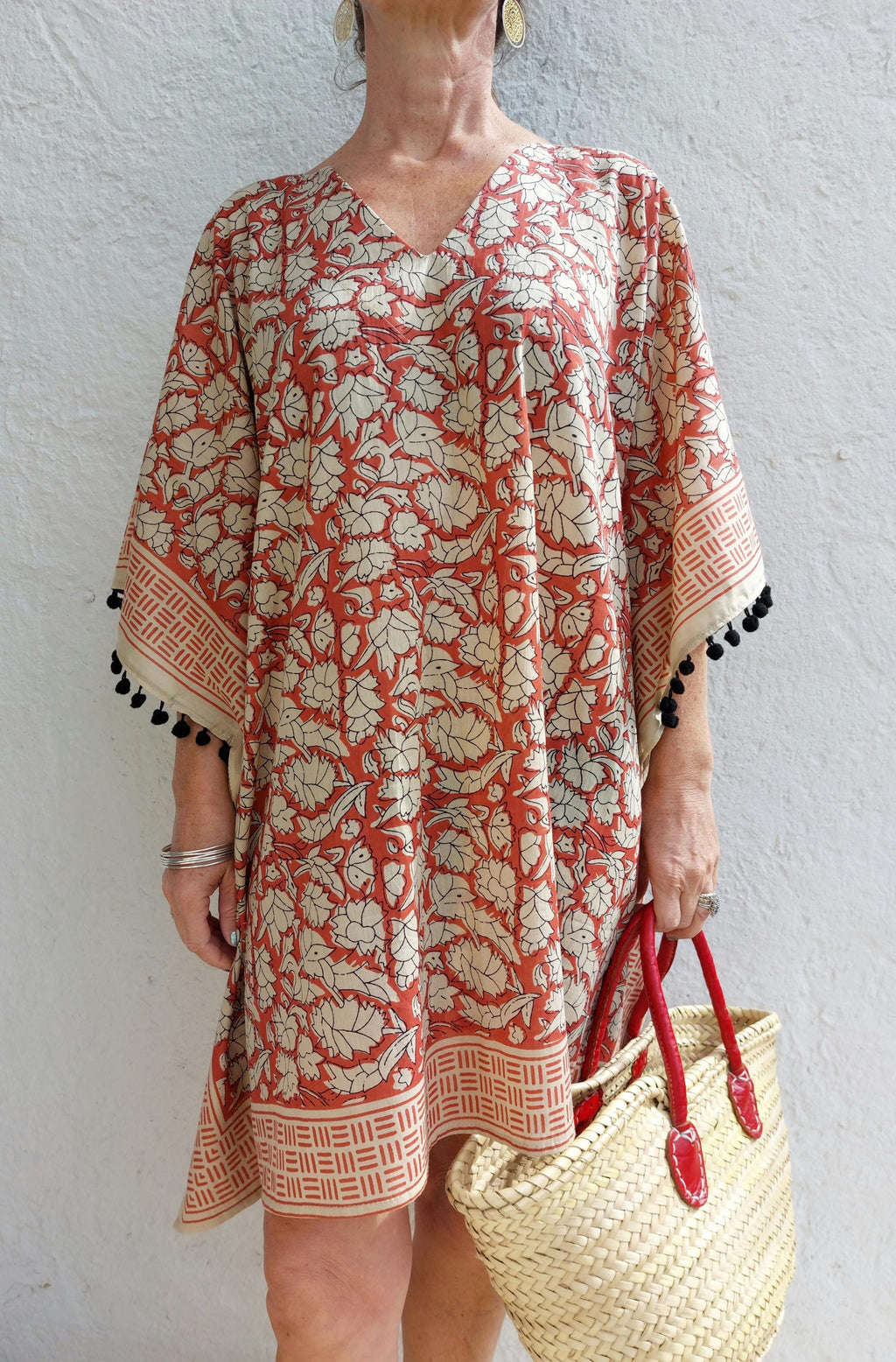 Rust Beige Short Kaftan, Soft Cotton Beach Cover Up, Bohemian Summer Tunic, Lightweight Resort Wear, Handmade Women's Fashion