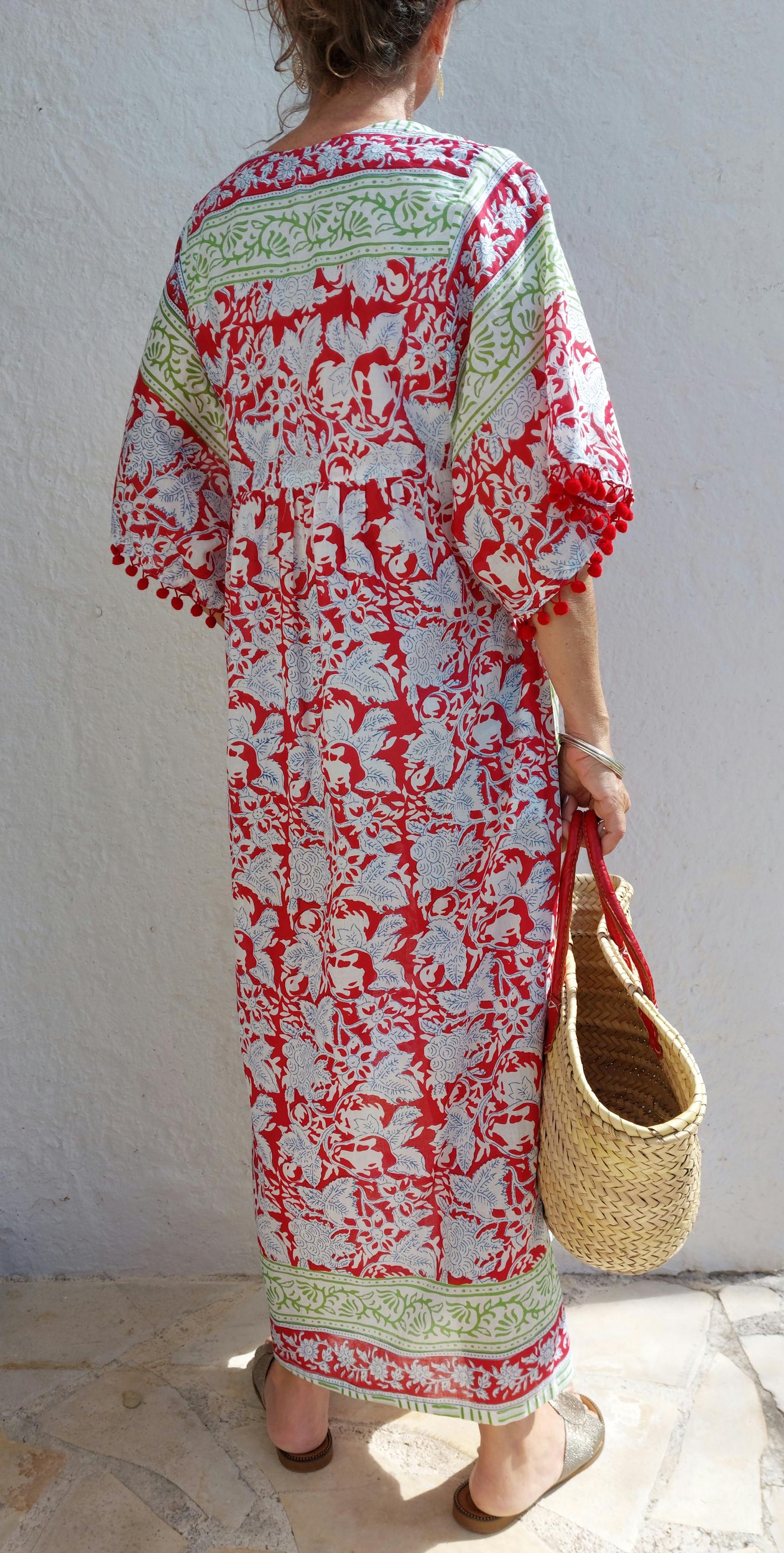 oversize dress in soft cotton, exclusive design, red pompons lace on sleeves, floral red pattern, green border, side pockets