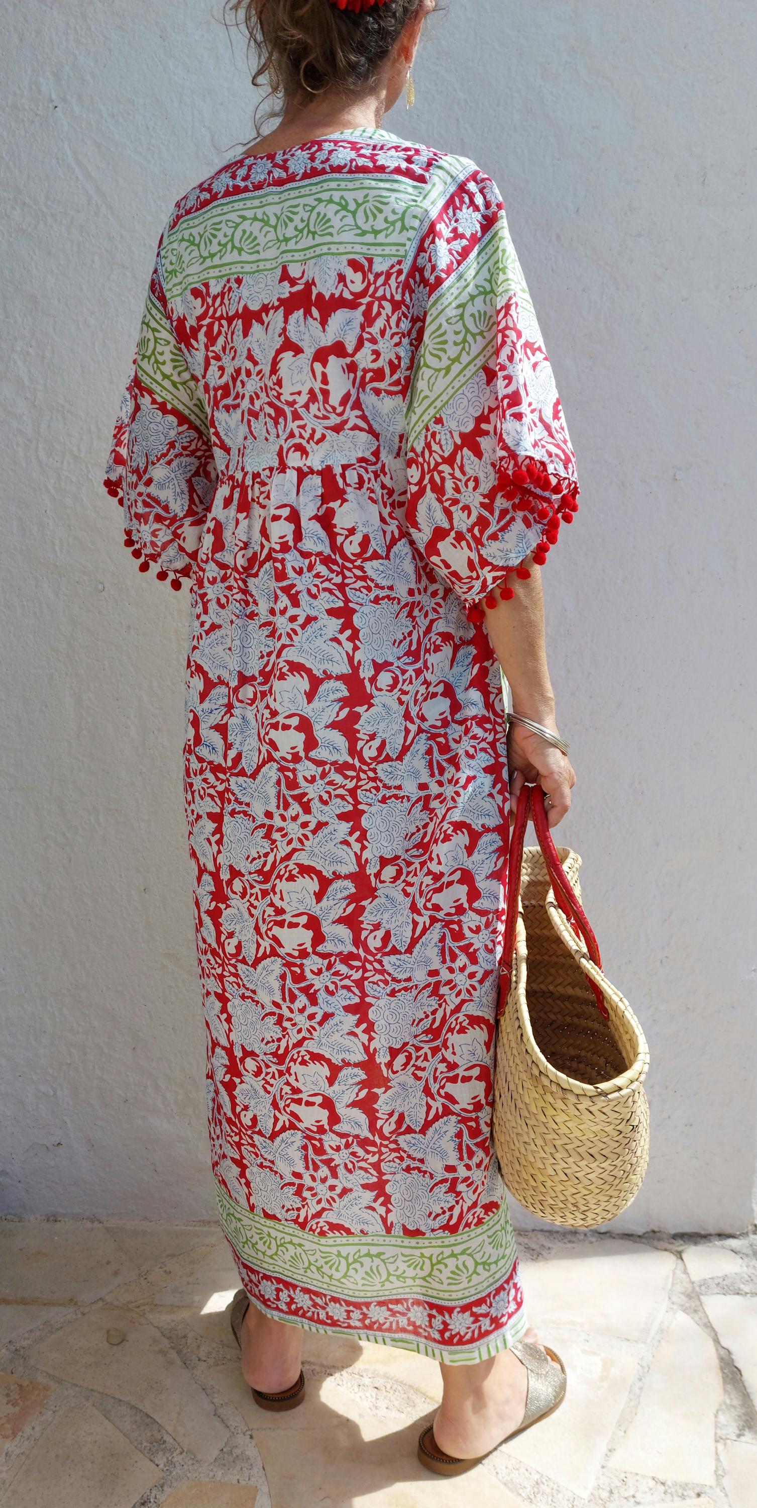 oversize dress in soft cotton, exclusive design, red pompons lace on sleeves, floral red pattern, green border, side pockets
