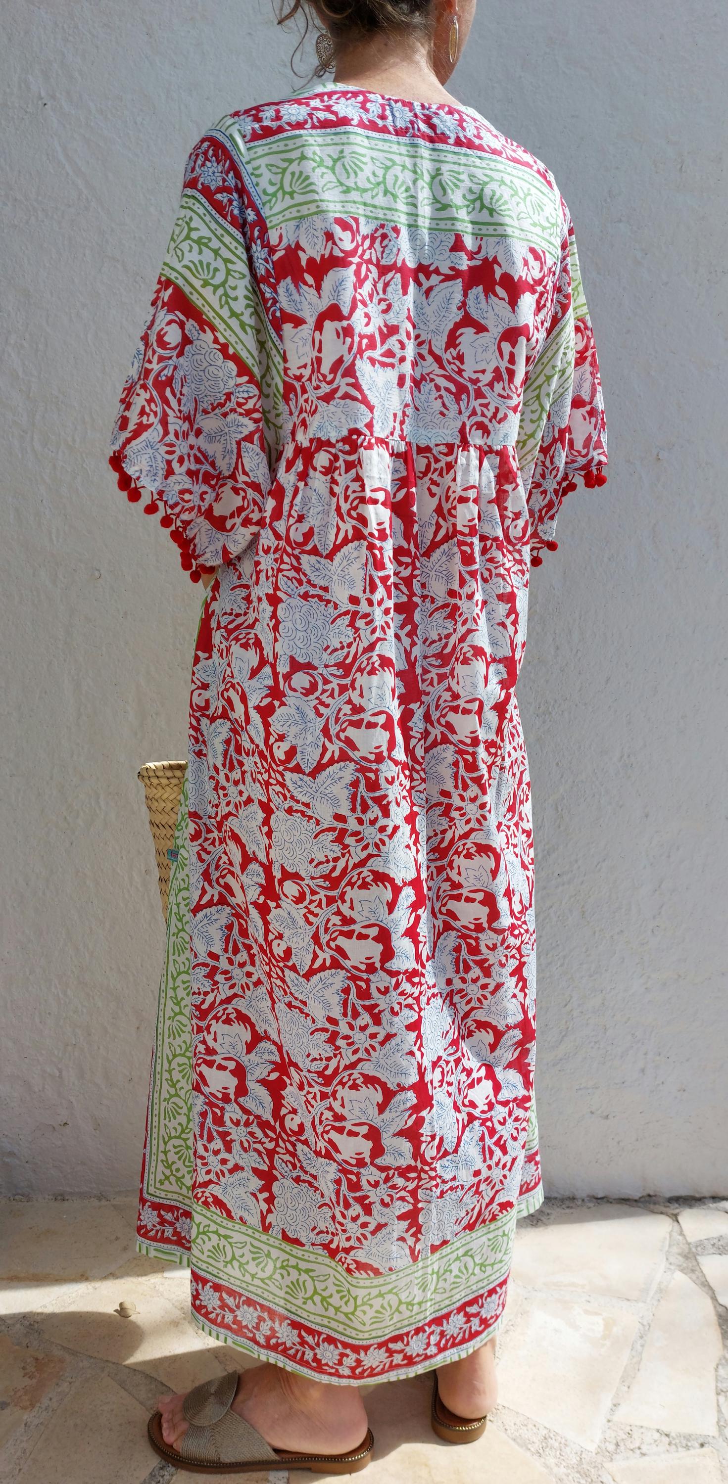 oversize dress in soft cotton, exclusive design, red pompons lace on sleeves, floral red pattern, green border, side pockets