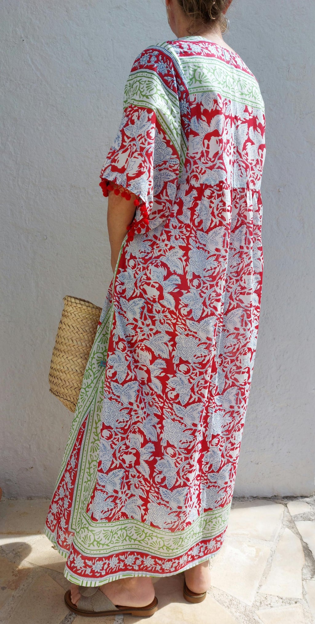 oversize dress in soft cotton, exclusive design, red pompons lace on sleeves, floral red pattern, green border, side pockets
