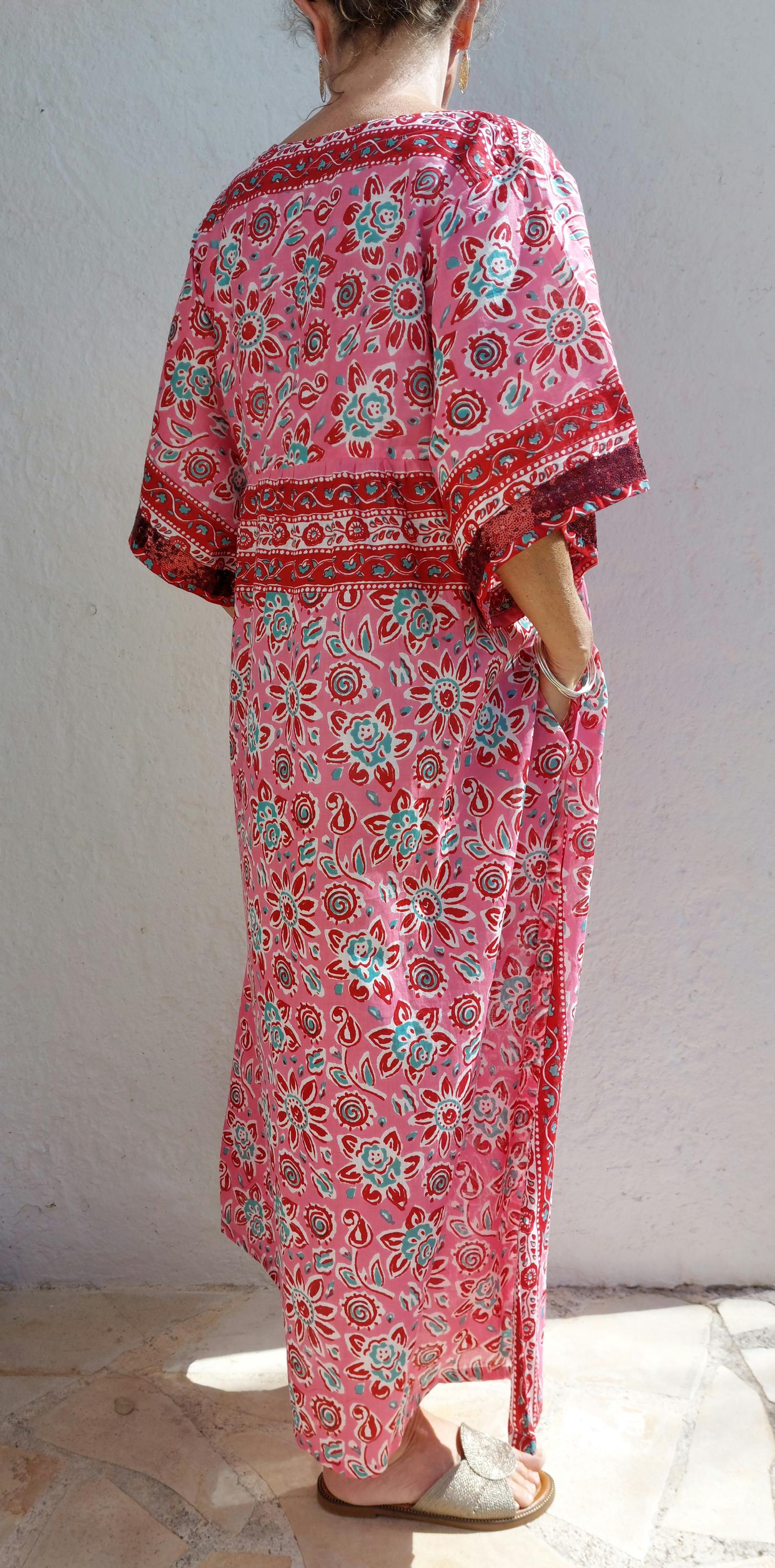 One of a Kind Cotton Dress – Oversized Boheme Summer Dress with Teal Sequin Lace Sleeves