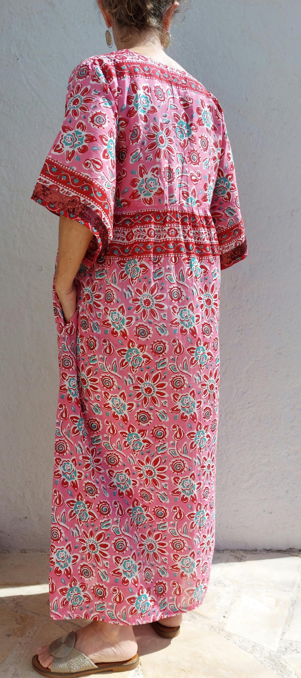 One of a Kind Cotton Dress – Oversized Boheme Summer Dress with Teal Sequin Lace Sleeves