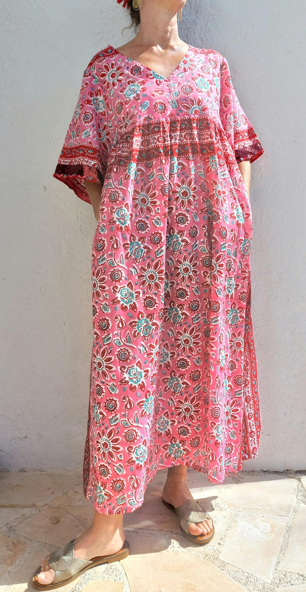 One of a Kind Cotton Dress – Oversized Boheme Summer Dress with Teal Sequin Lace Sleeves