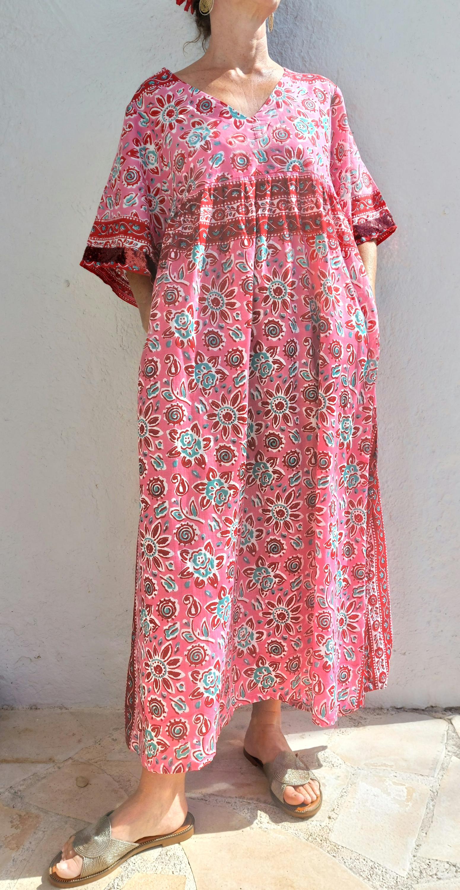 One of a Kind Cotton Dress – Oversized Boheme Summer Dress with Teal Sequin Lace Sleeves