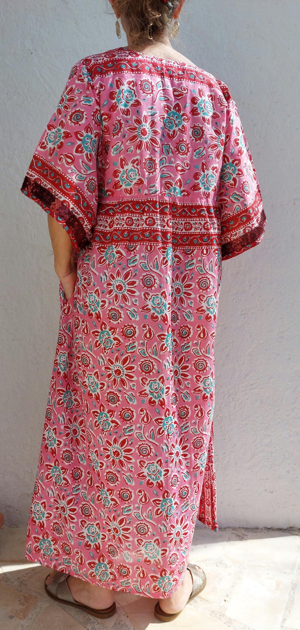 One of a Kind Cotton Dress – Oversized Boheme Summer Dress with Teal Sequin Lace Sleeves