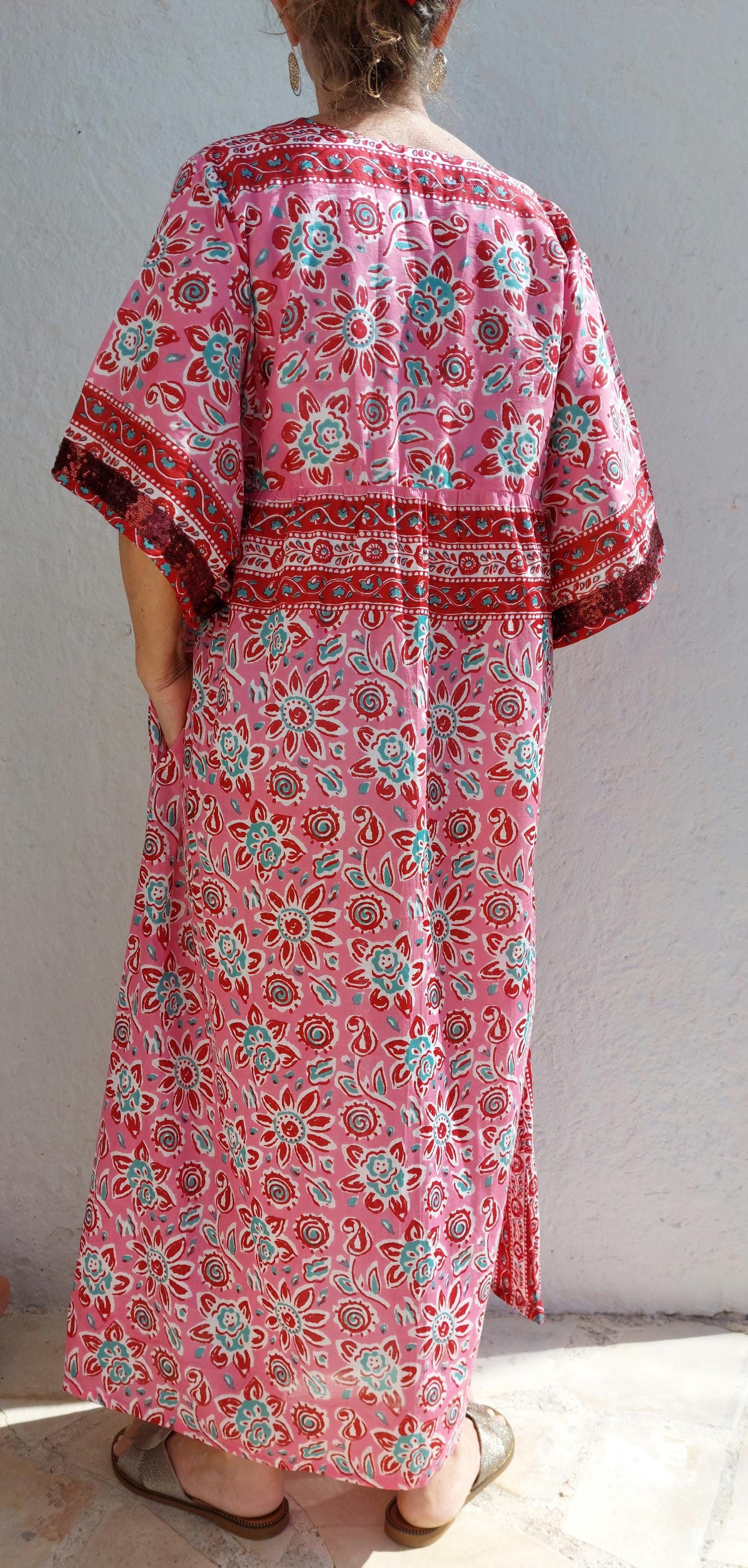 One of a Kind Cotton Dress – Oversized Boheme Summer Dress with Teal Sequin Lace Sleeves