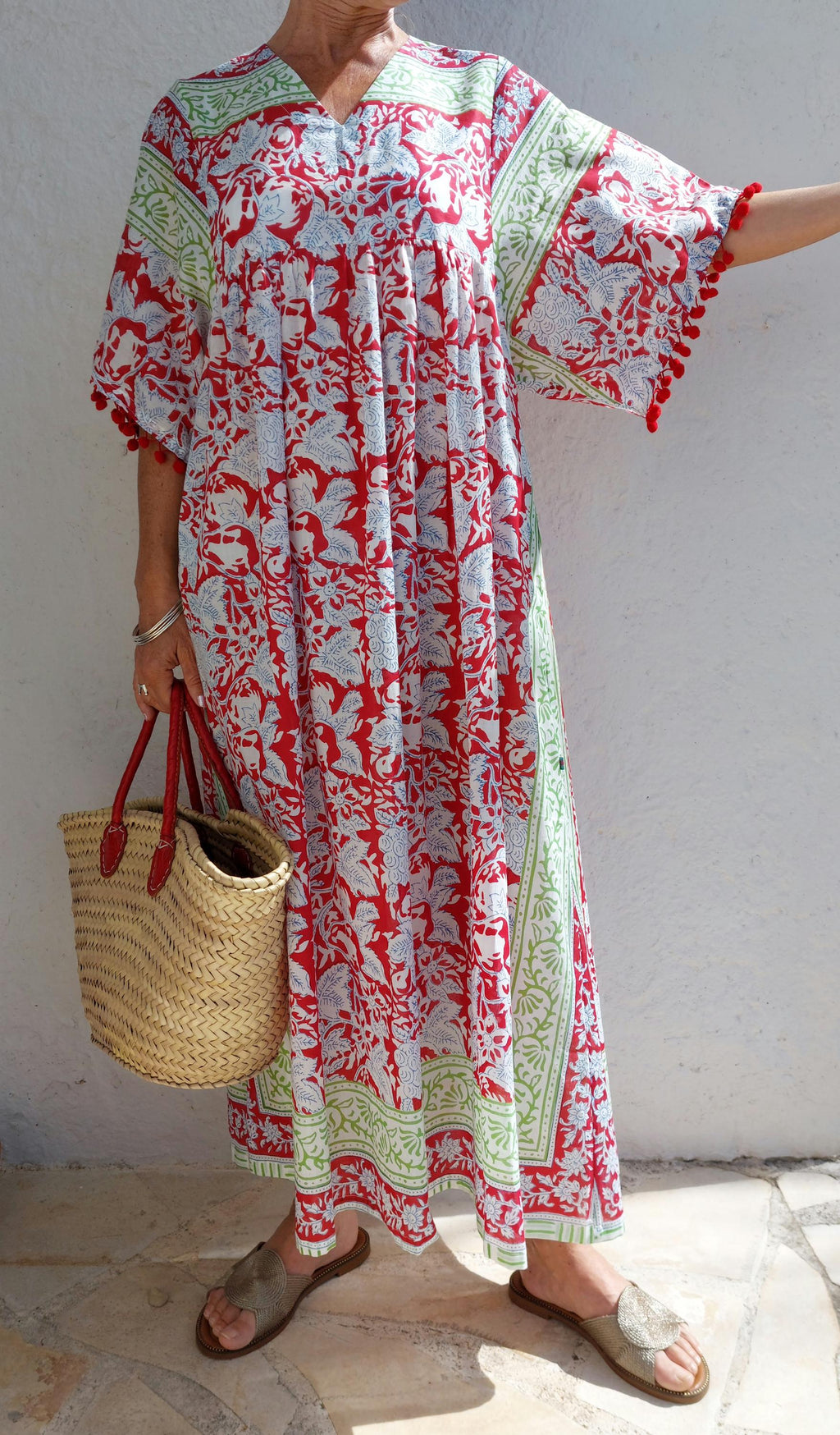oversize dress in soft cotton, exclusive design, red pompons lace on sleeves, floral red pattern, green border, side pockets