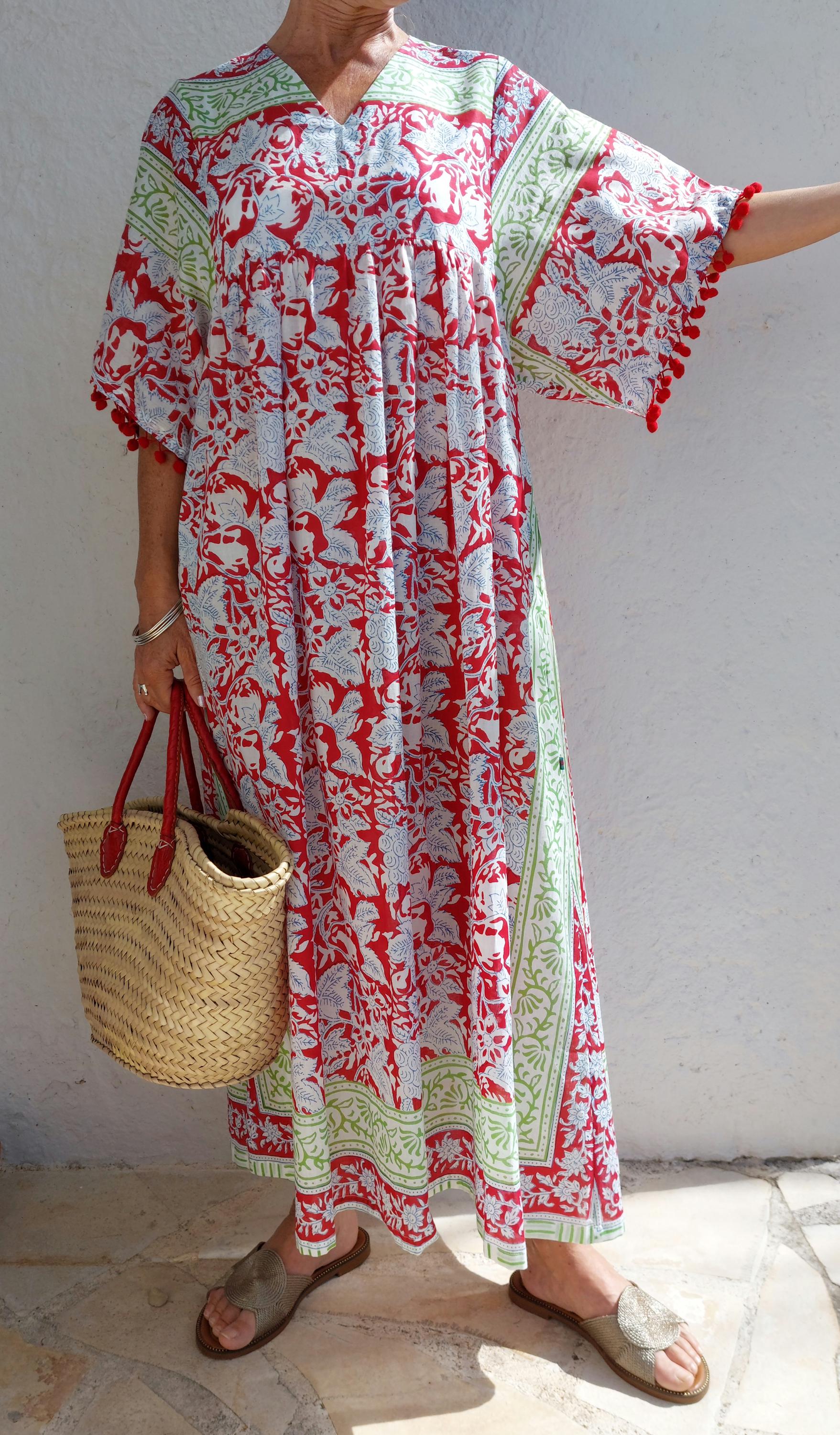 oversize dress in soft cotton, exclusive design, red pompons lace on sleeves, floral red pattern, green border, side pockets