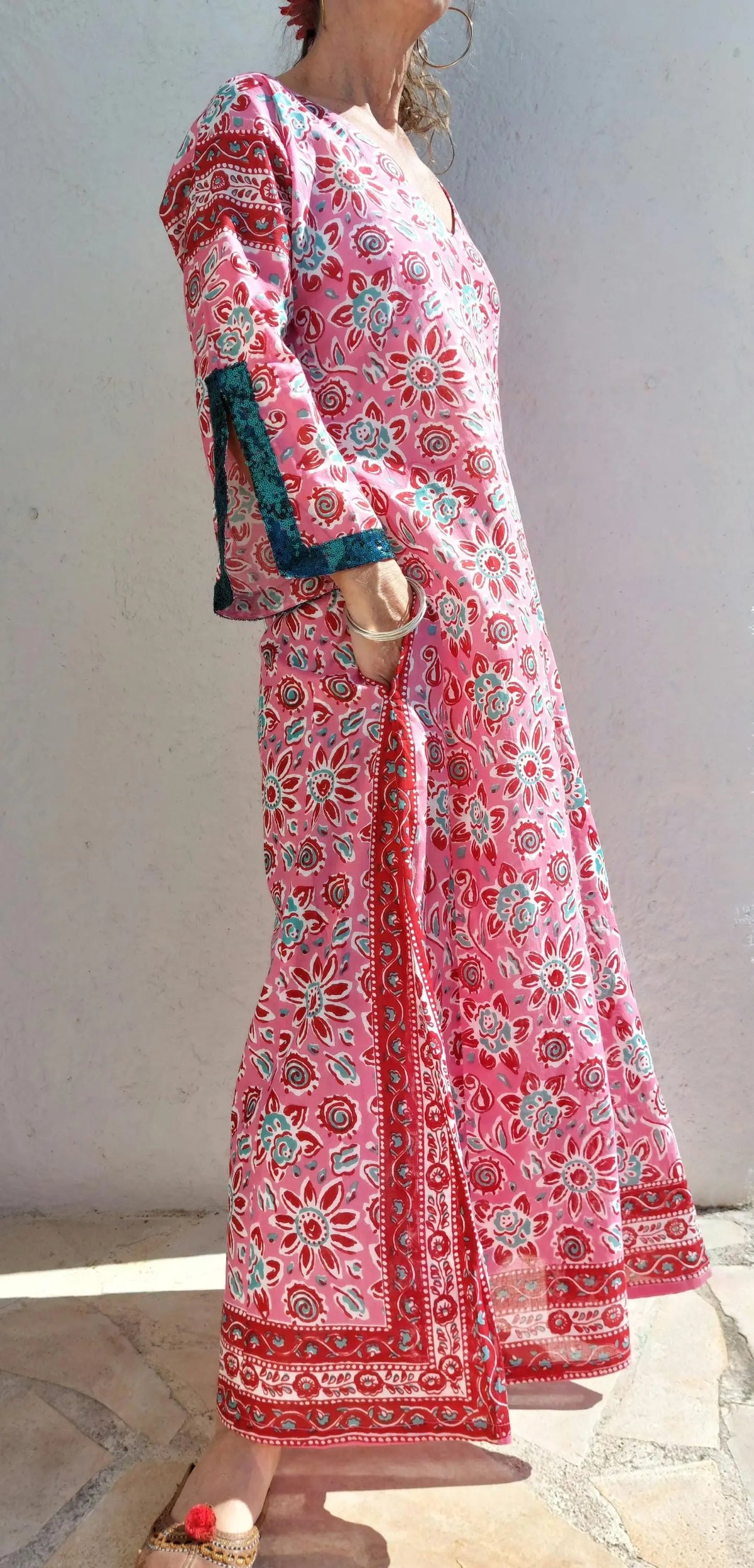 Long pink floral cotton kaftan with sequin trim