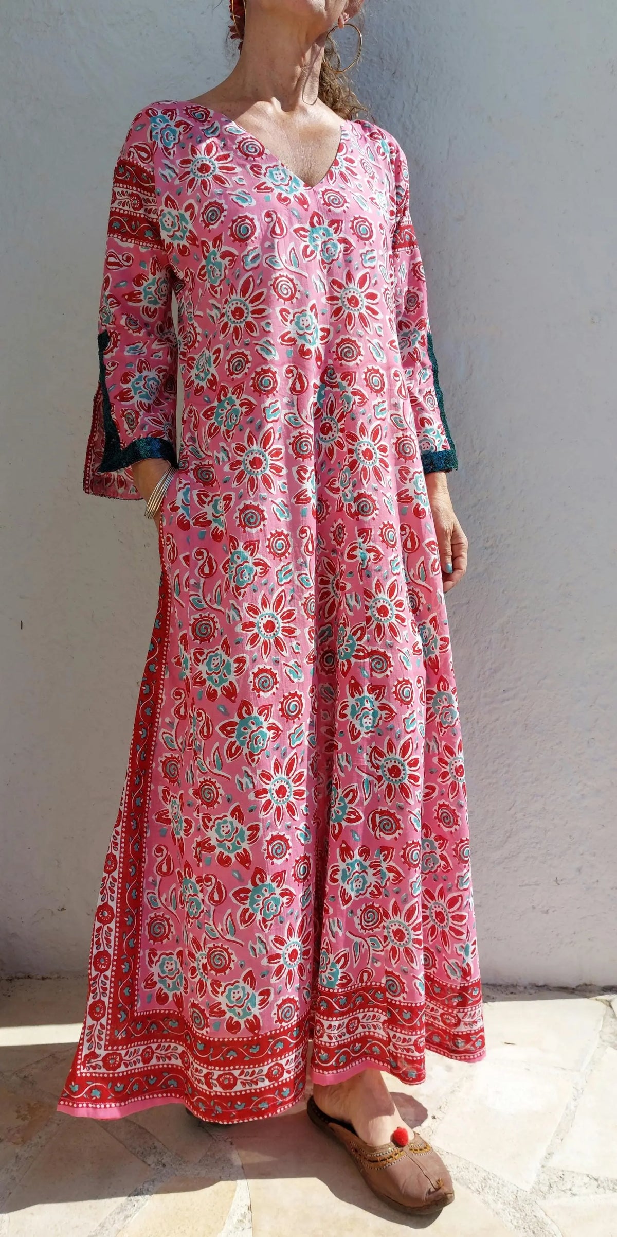 Long pink floral cotton kaftan with sequin trim