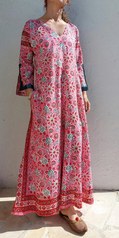 Long pink floral cotton kaftan with sequin trim