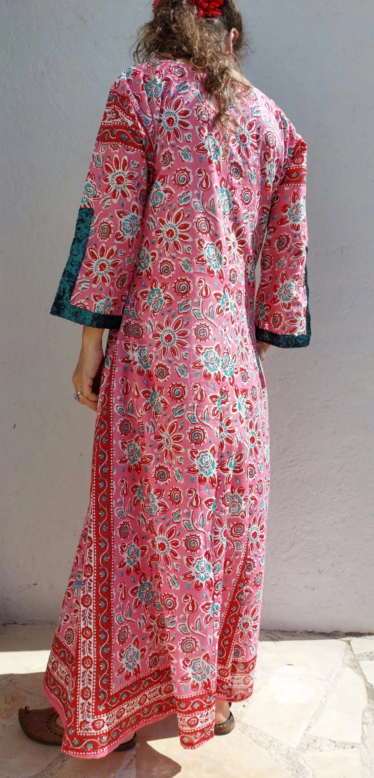 Long pink floral cotton kaftan with sequin trim