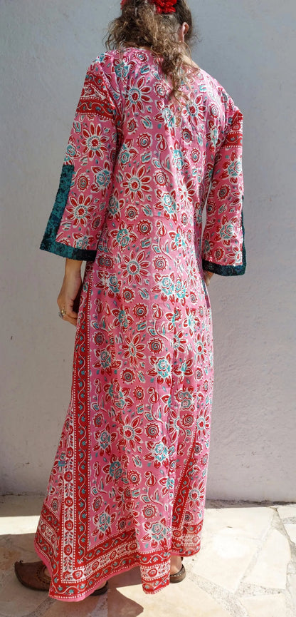 Long pink floral cotton kaftan with sequin trim