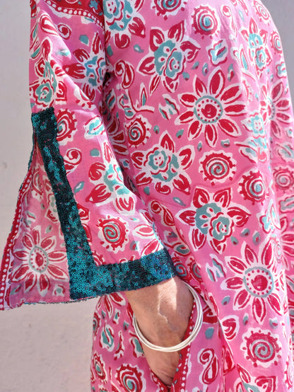 Long pink floral cotton kaftan with sequin trim