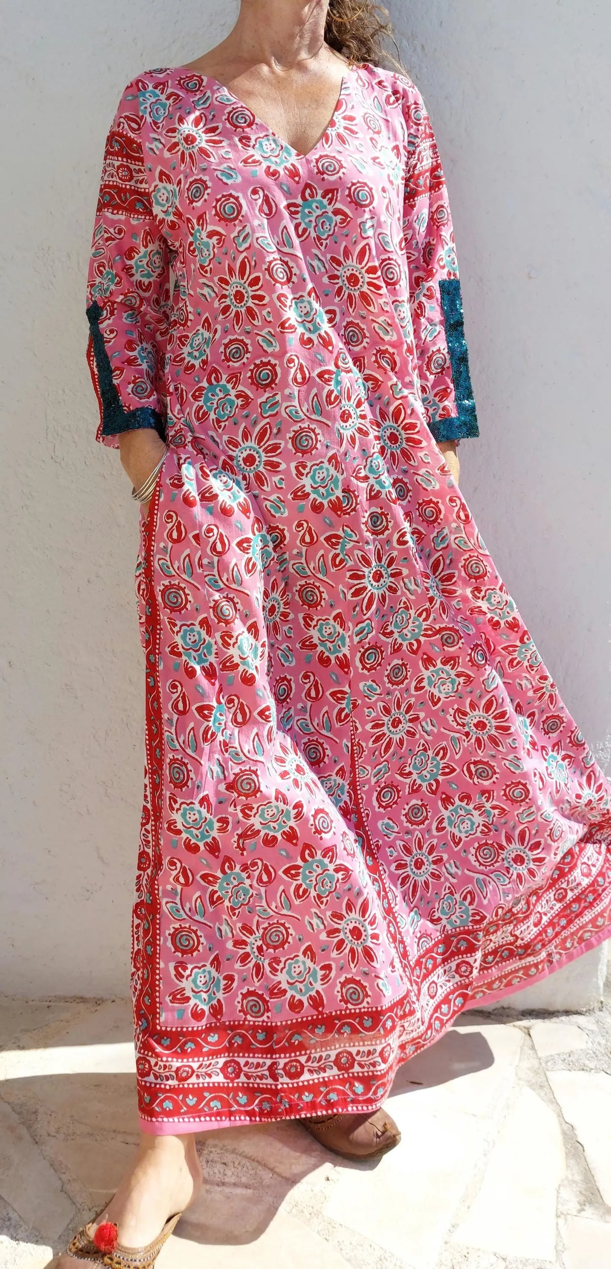 Long pink floral cotton kaftan with sequin trim