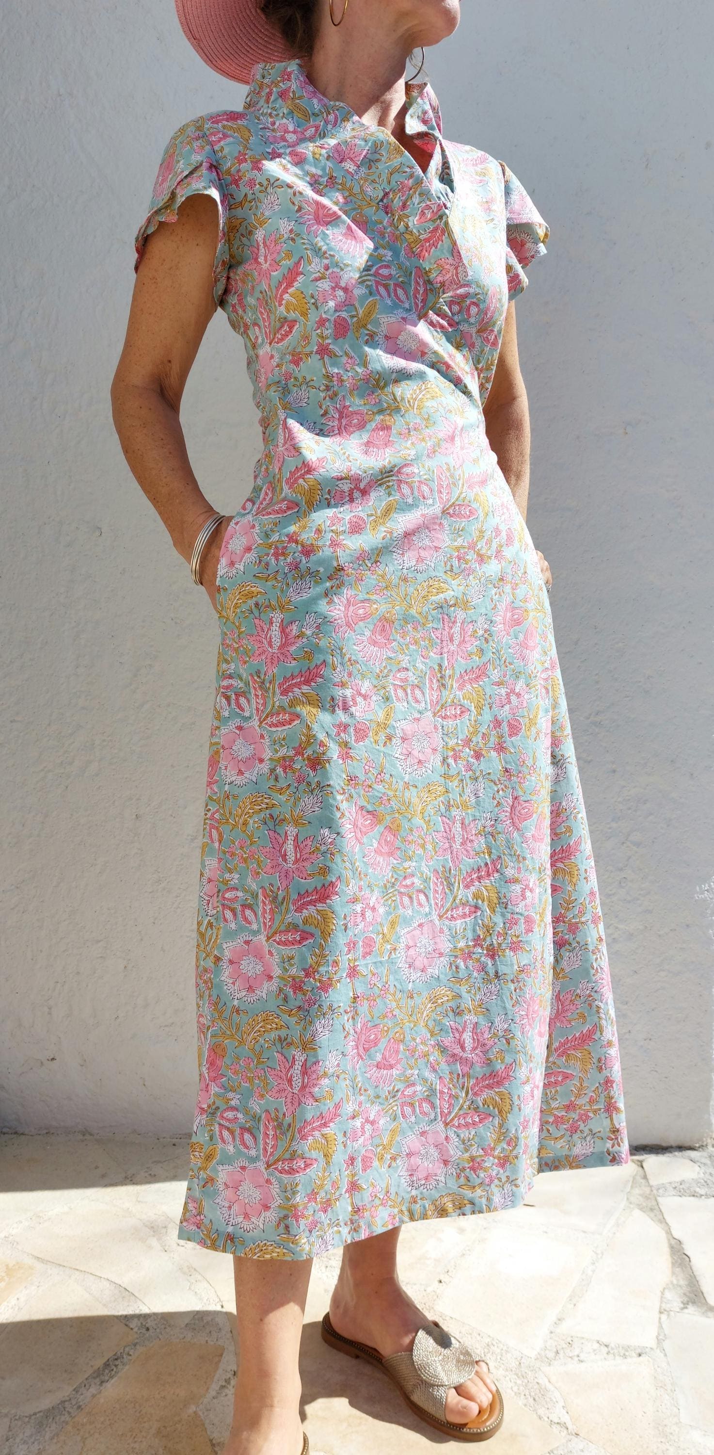 long dress in cotton handblock printed, wrap dress in multi pastel colors,ruffled collar, short sleeves, romantic colors, boheme chic outfit
