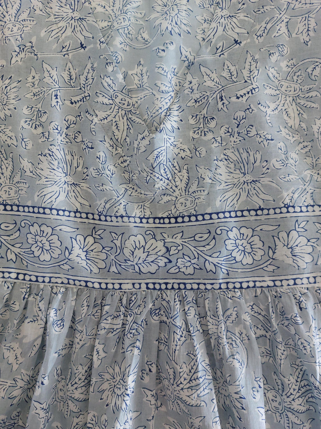 Boheme Cotton Dress – Floral Oversized V-Neck Dress with Blue Pompon Lace Sleeves