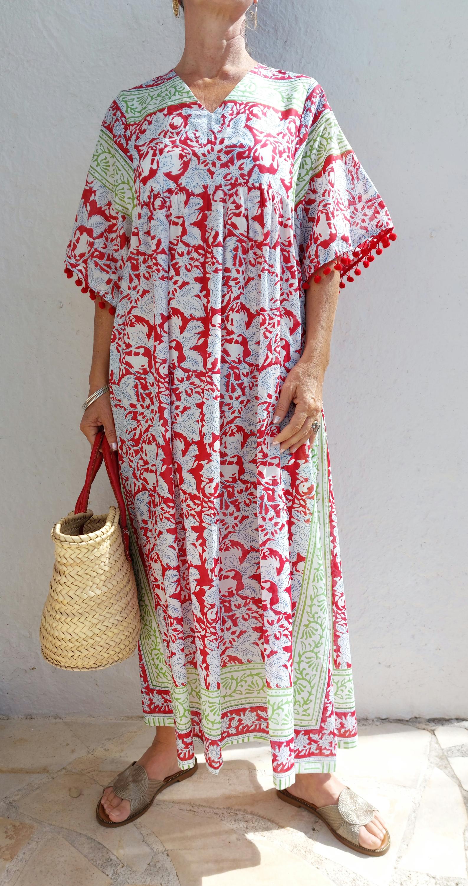 oversize dress in soft cotton, exclusive design, red pompons lace on sleeves, floral red pattern, green border, side pockets