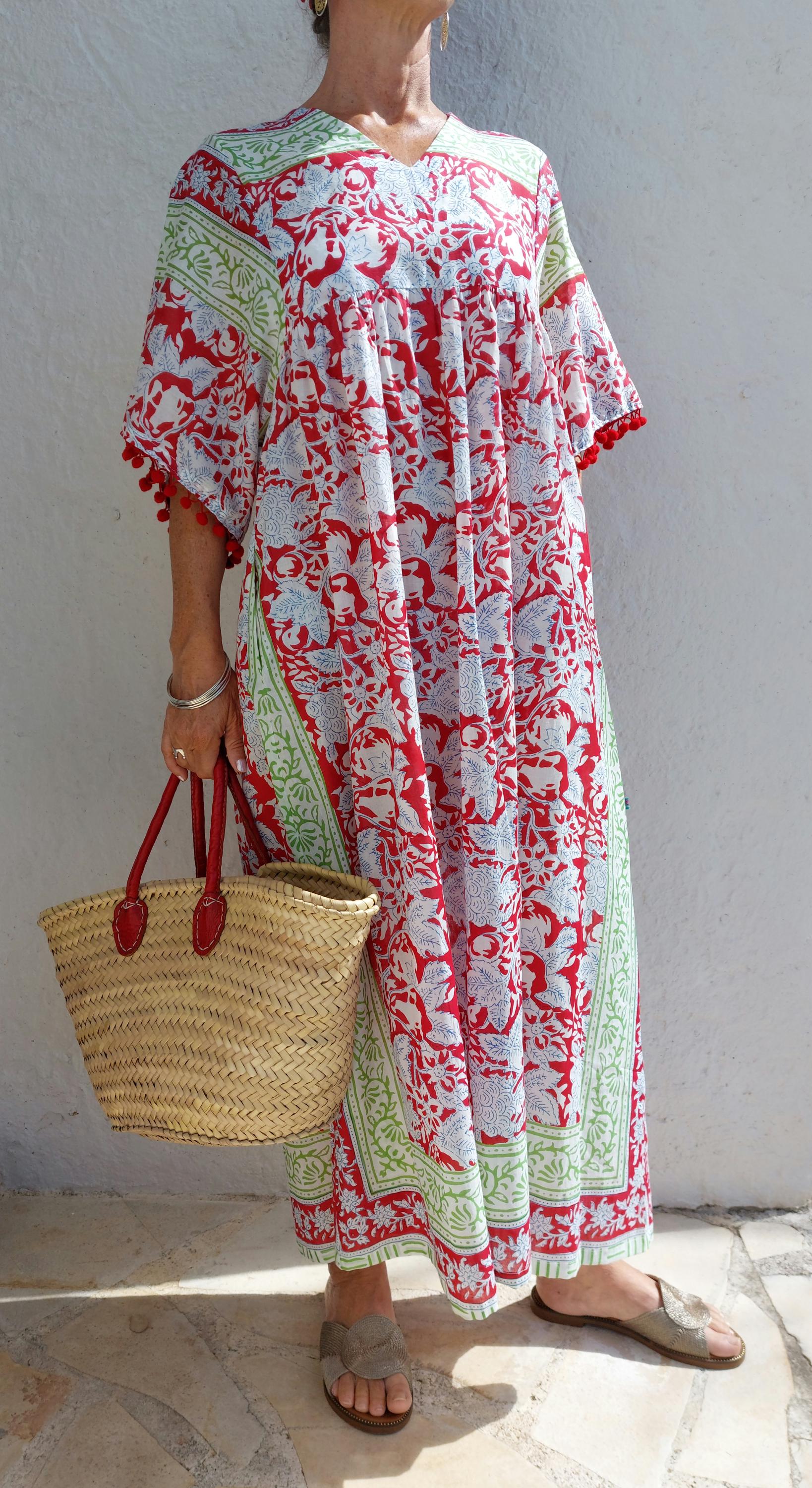 oversize dress in soft cotton, exclusive design, red pompons lace on sleeves, floral red pattern, green border, side pockets