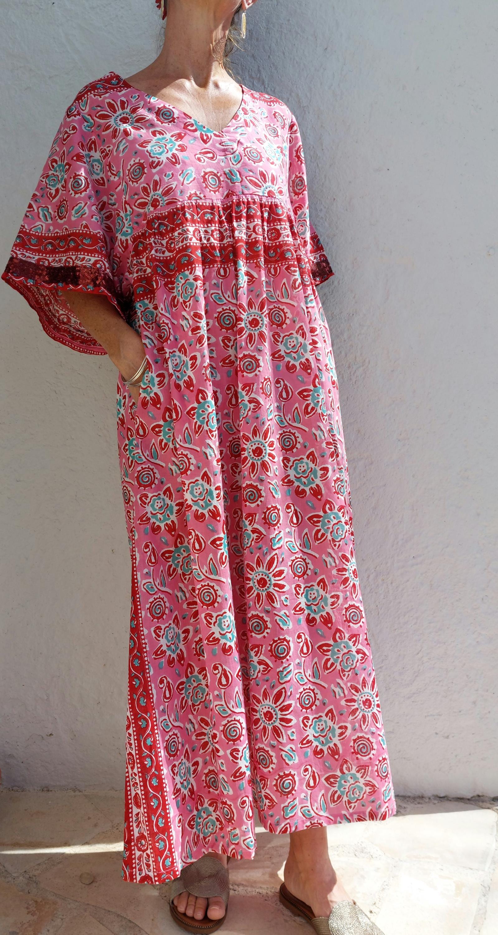 One of a Kind Cotton Dress – Oversized Boheme Summer Dress with Teal Sequin Lace Sleeves