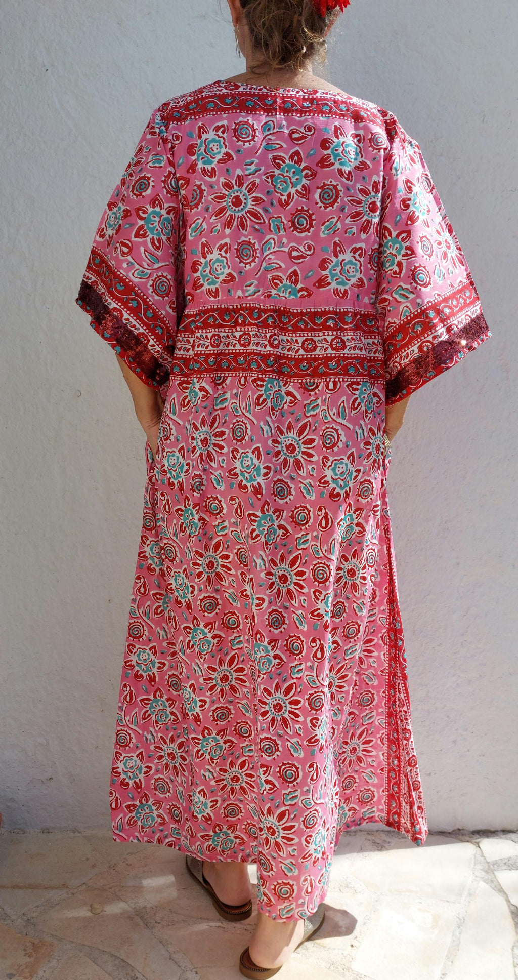 One of a Kind Cotton Dress – Oversized Boheme Summer Dress with Teal Sequin Lace Sleeves