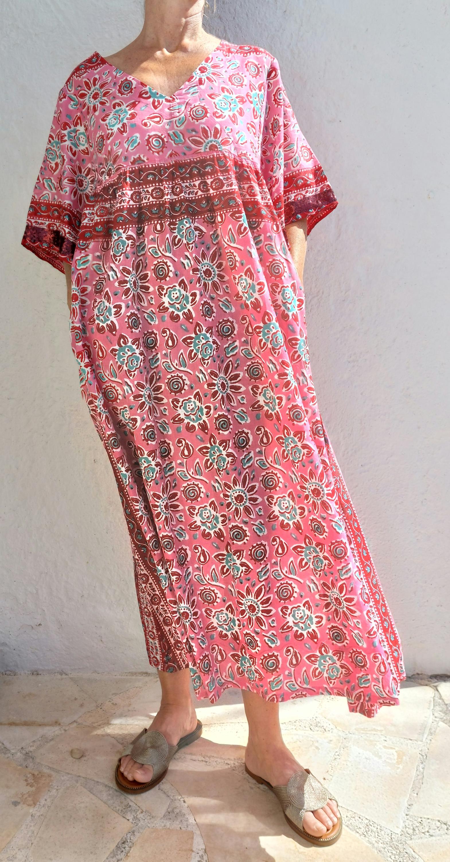 One of a Kind Cotton Dress – Oversized Boheme Summer Dress with Teal Sequin Lace Sleeves