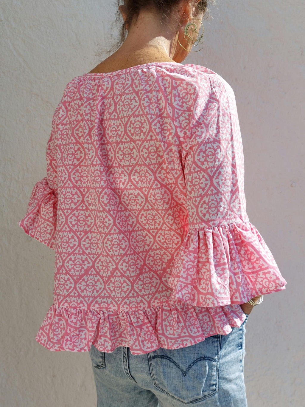 ruffles top in soft cotton,pink pattern,hippie chic summer outfit,round neckline finishing bias piping,limited series,gift for her