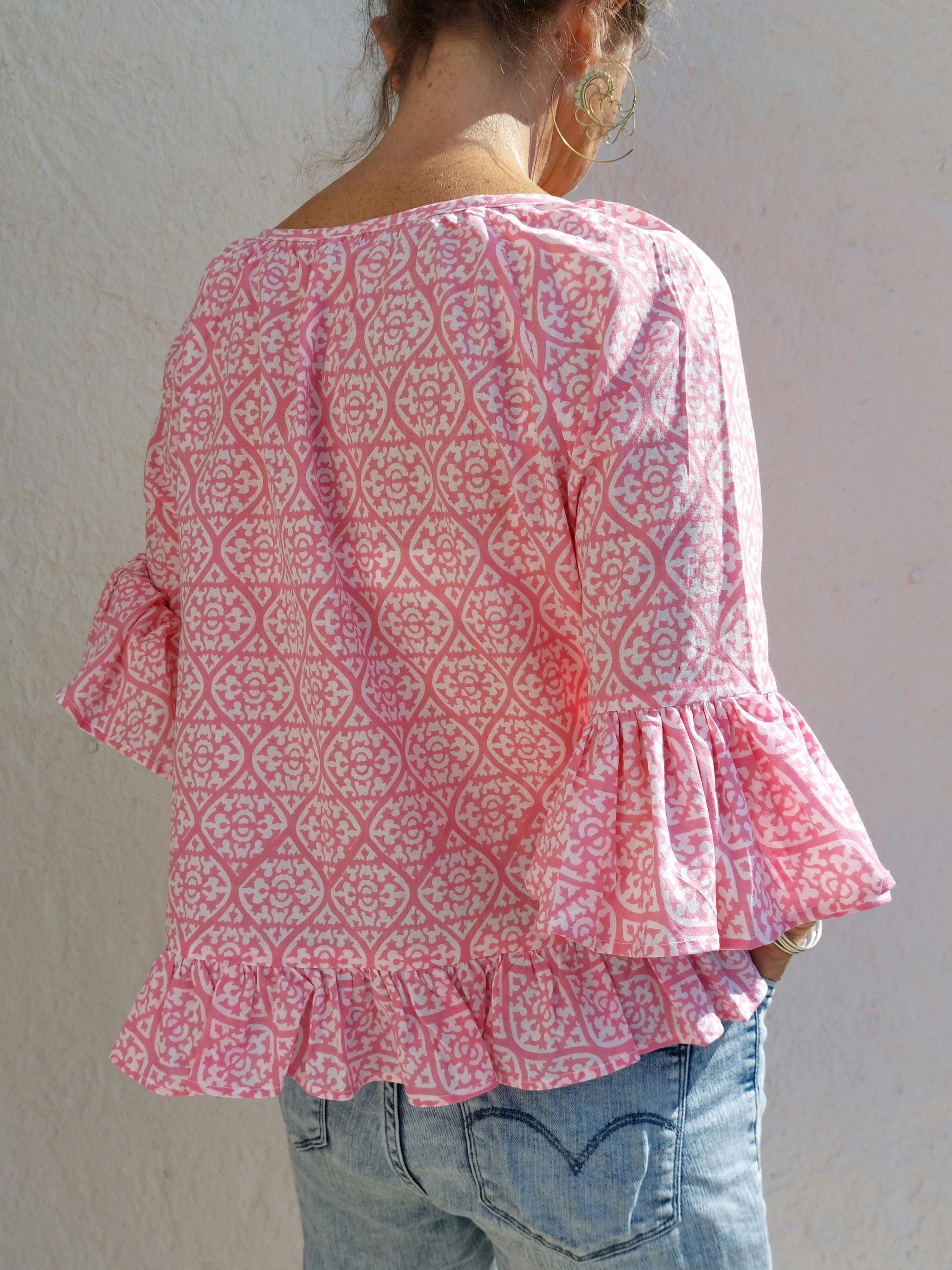 ruffles top in soft cotton,pink pattern,hippie chic summer outfit,round neckline finishing bias piping,limited series,gift for her