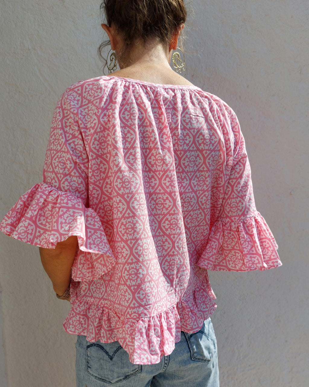 ruffles top in soft cotton,pink pattern,hippie chic summer outfit,round neckline finishing bias piping,limited series,gift for her