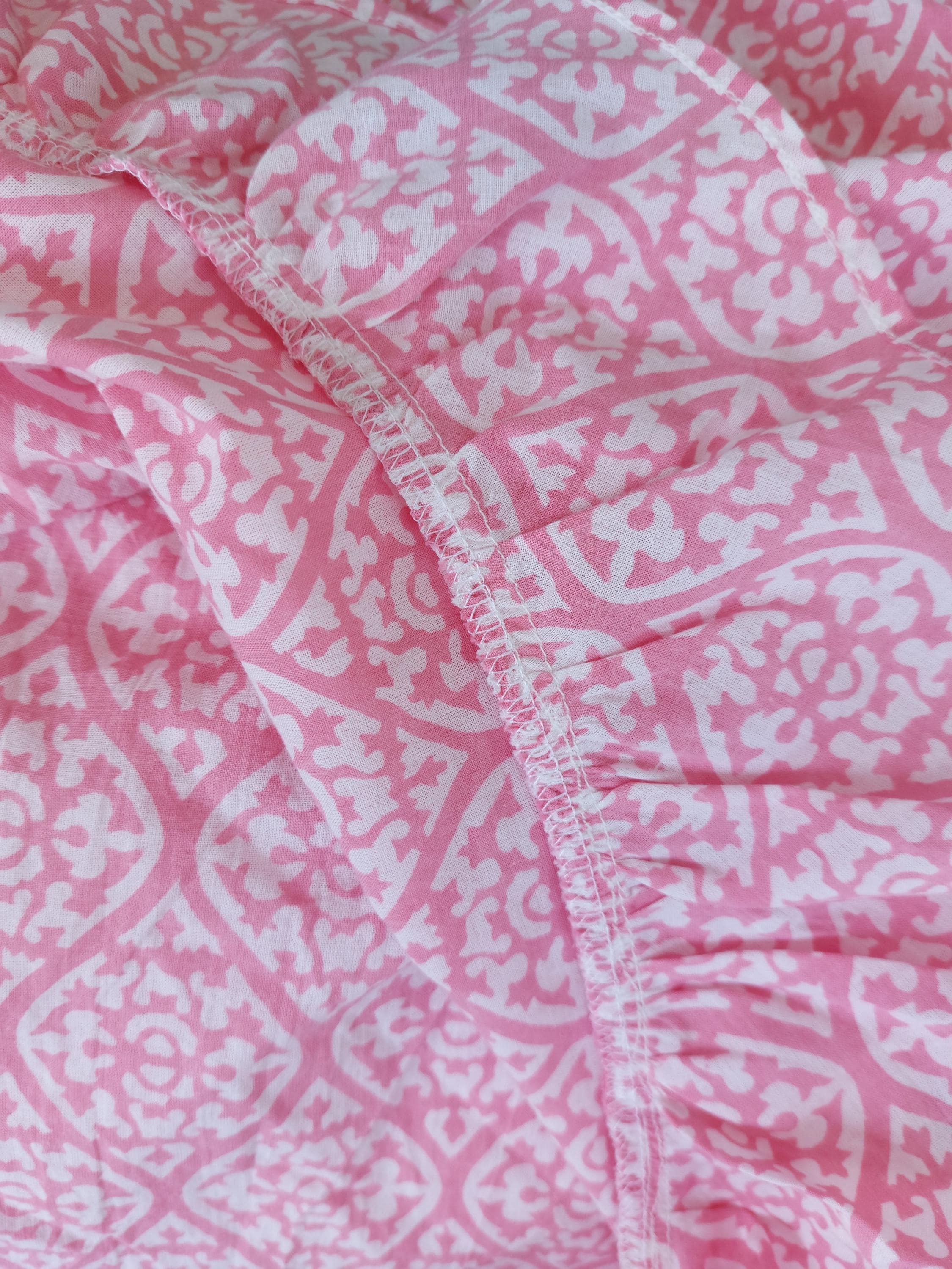ruffles top in soft cotton,pink pattern,hippie chic summer outfit,round neckline finishing bias piping,limited series,gift for her